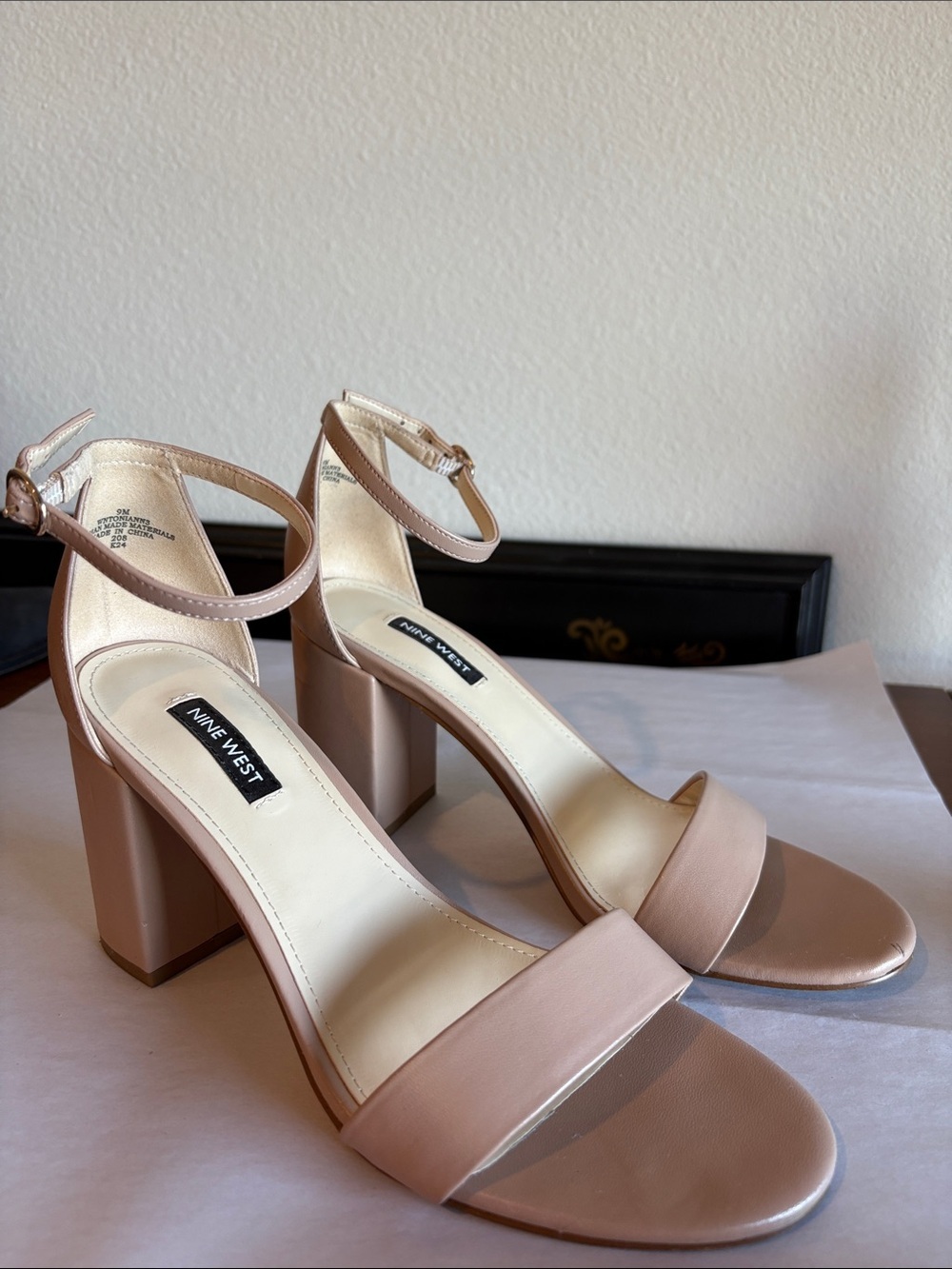 Nine West Beige Block Heel Sandals with Ankle Strap
